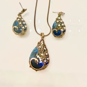 Navy Peacock Earrings and Necklace